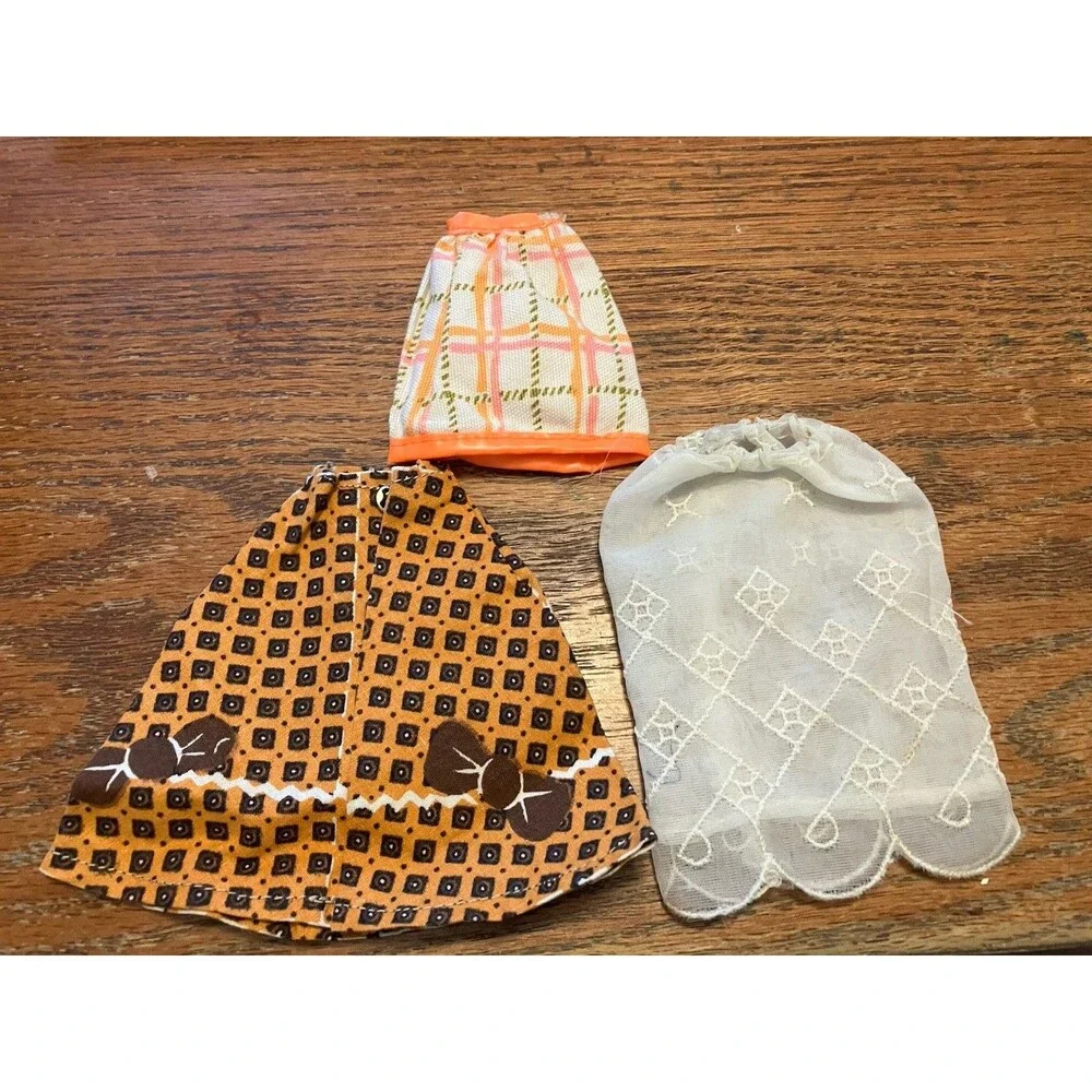 Barbie Doll Vintage Skirts 1960s Lot Of 3 Orange Plaid, Brown, Cream Embroidery